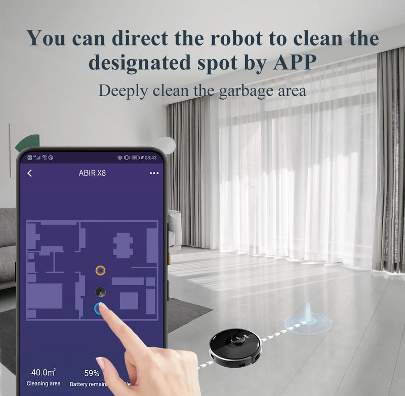 Aspirador de pó robô ABIR X8, Laser Lidar, Sucção 6500pa, Mapa multi-piso, Lâmpada UV, TOF Wisdom, Área restrita de APP, Mop doméstico inteligente