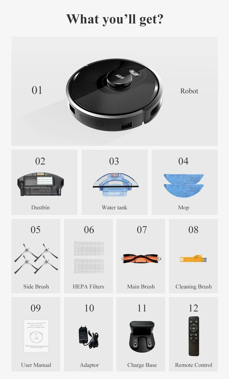 Aspirador de pó robô ABIR X8, Laser Lidar, Sucção 6500pa, Mapa multi-piso, Lâmpada UV, TOF Wisdom, Área restrita de APP, Mop doméstico inteligente
