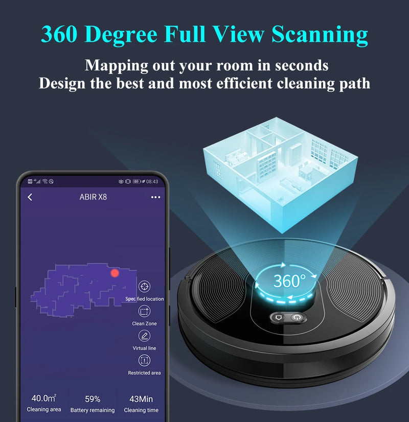 Aspirador de pó robô ABIR X8, Laser Lidar, Sucção 6500pa, Mapa multi-piso, Lâmpada UV, TOF Wisdom, Área restrita de APP, Mop doméstico inteligente