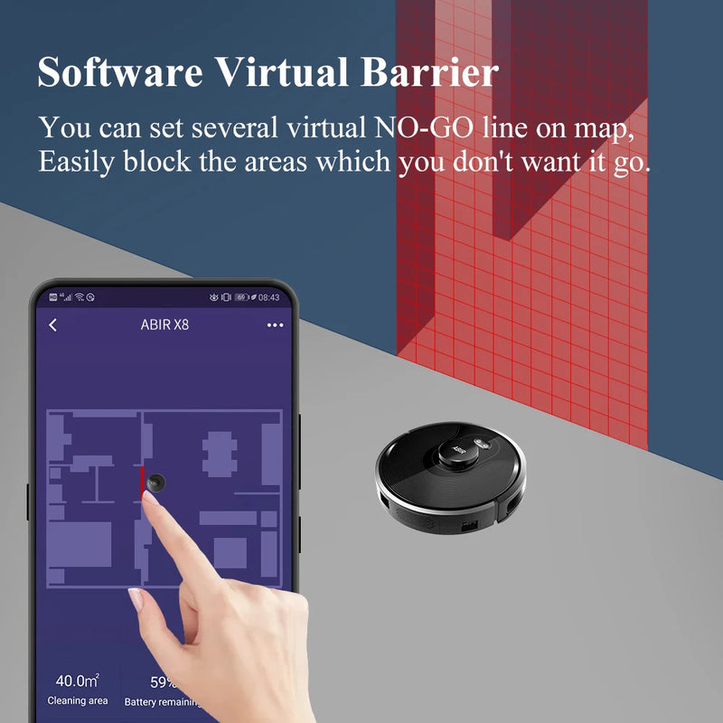 Aspirador de pó robô ABIR X8, Laser Lidar, Sucção 6500pa, Mapa multi-piso, Lâmpada UV, TOF Wisdom, Área restrita de APP, Mop doméstico inteligente