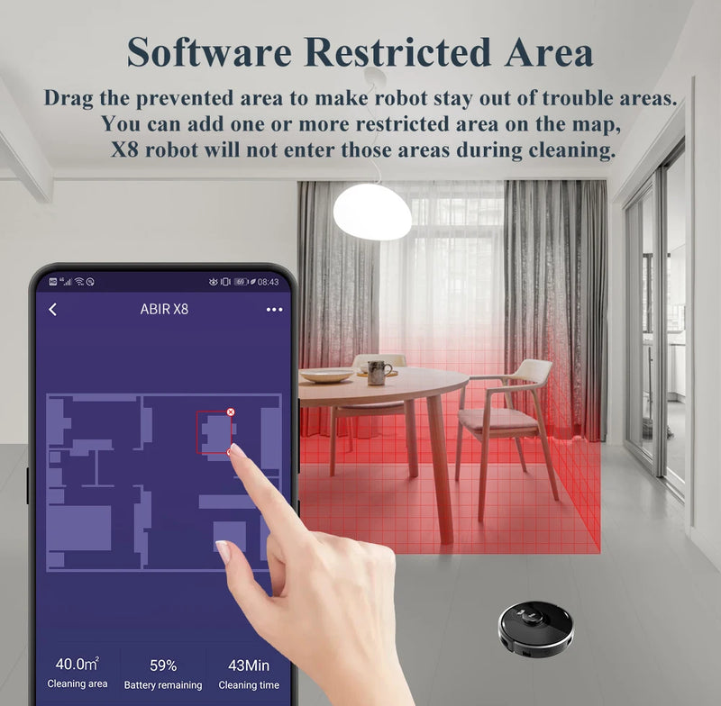 Aspirador de pó robô ABIR X8, Laser Lidar, Sucção 6500pa, Mapa multi-piso, Lâmpada UV, TOF Wisdom, Área restrita de APP, Mop doméstico inteligente