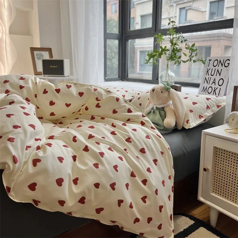 Conjunto de cama estilo coreano infantil adulto solteiro queen size cama plana lençol amor coração capa de edredom fronha roupa de cama sem enchimento