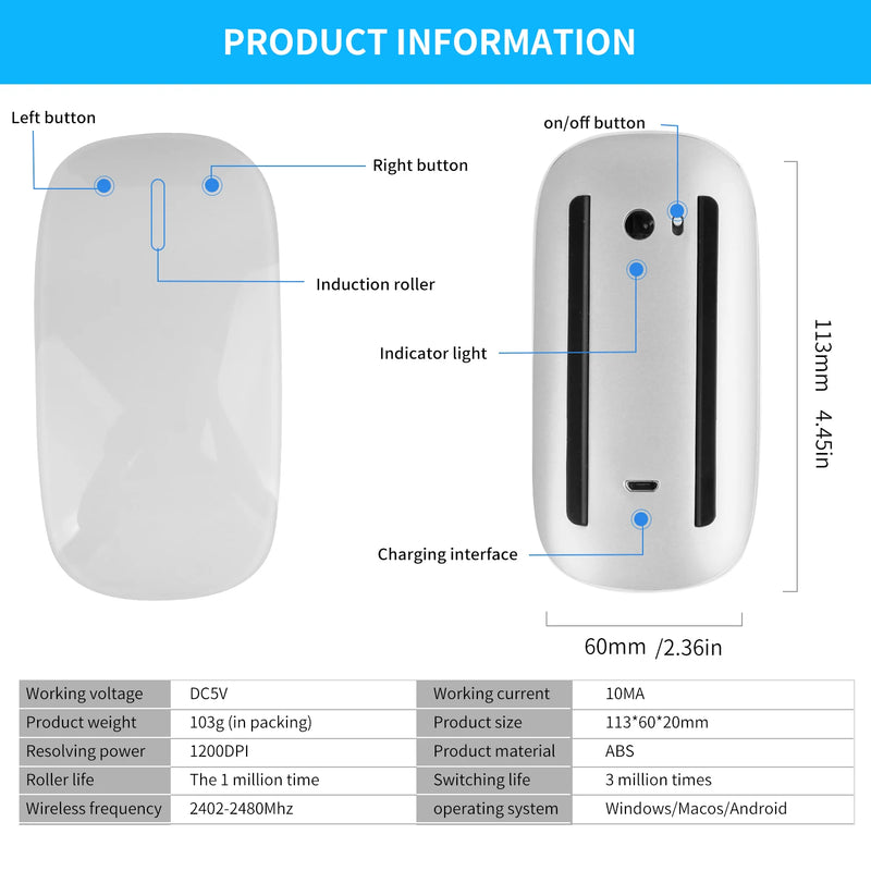 Mouse sem fio recarregável silencioso Multi Arc Touch Mouses ultrafinos Magic Mouse para laptop iPad Mac PC Macbook