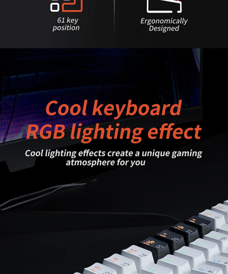 MUCAI MK61 USB Gaming Teclado mecânico vermelho Switch RGB retroiluminado Hot Swappable 61 teclas com fio cabo destacável
