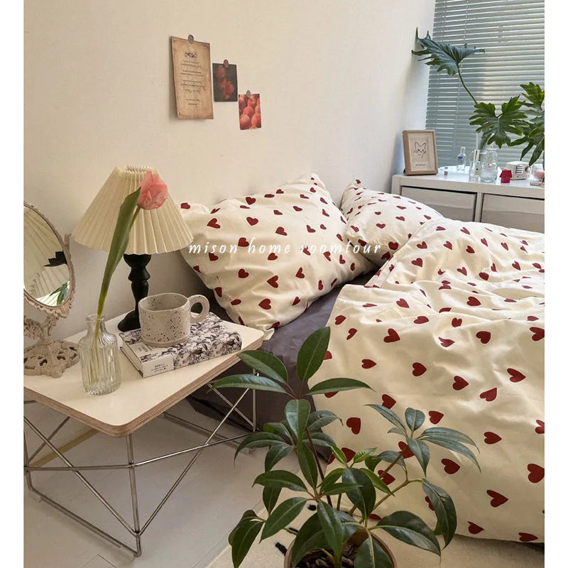 Conjunto de cama estilo coreano infantil adulto solteiro queen size cama plana lençol amor coração capa de edredom fronha roupa de cama sem enchimento