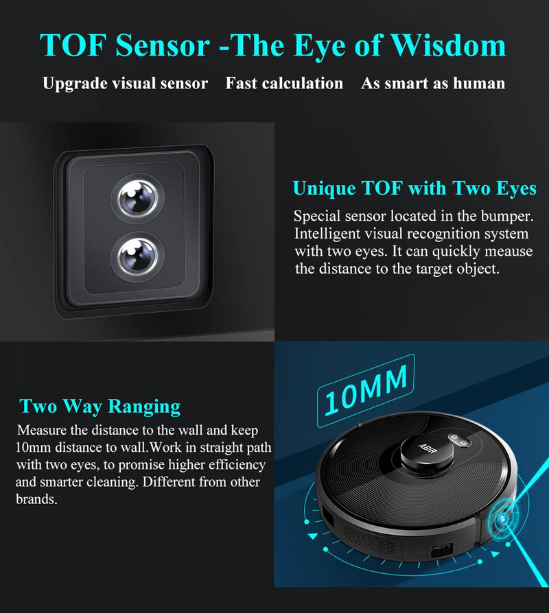 Aspirador de pó robô ABIR X8, Laser Lidar, Sucção 6500pa, Mapa multi-piso, Lâmpada UV, TOF Wisdom, Área restrita de APP, Mop doméstico inteligente