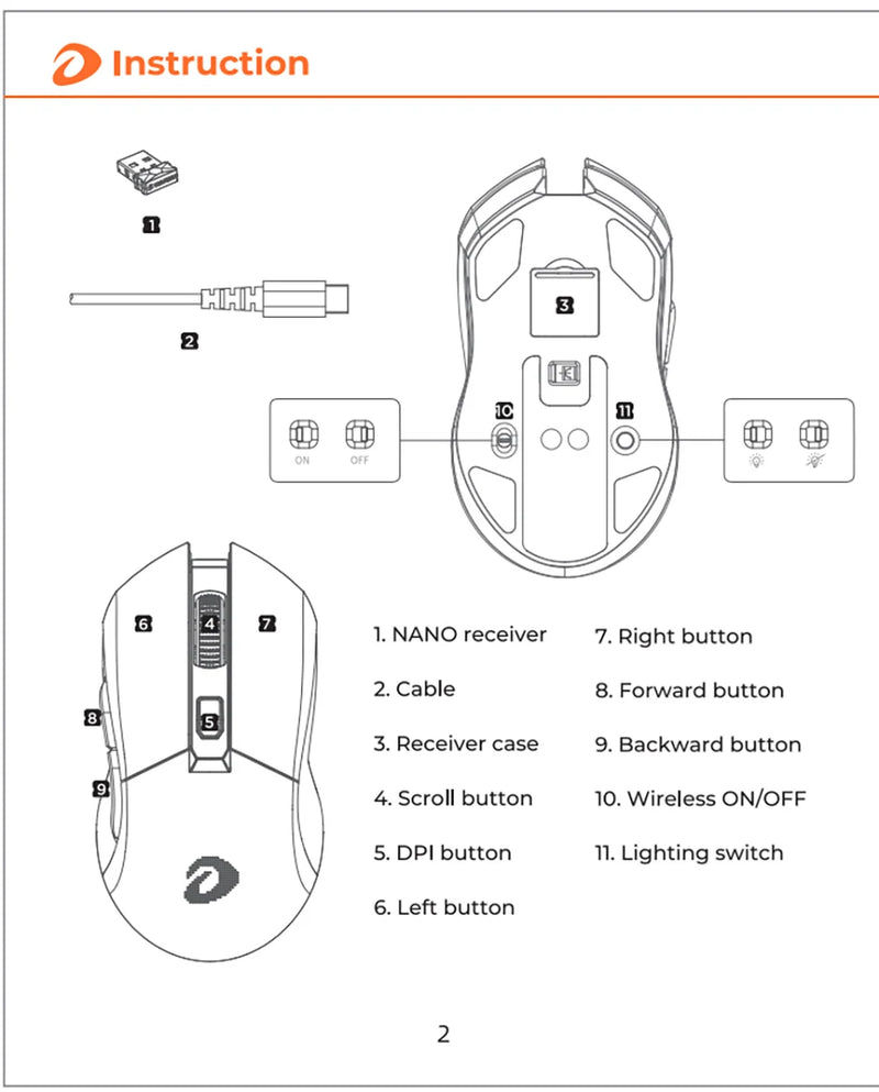DAREU Dual Modes Gamer Mouse RGB 2.4G Wireless Wired Gaming Mice Built-in 930mAh Recarregável Bateria com Macro Set para PC Laptop