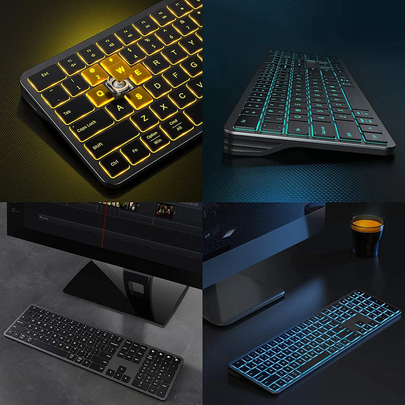 Teclado recarregável multidispositivo Bluetooth retroiluminado teclado sem fio compatível com laptop tablet iPad