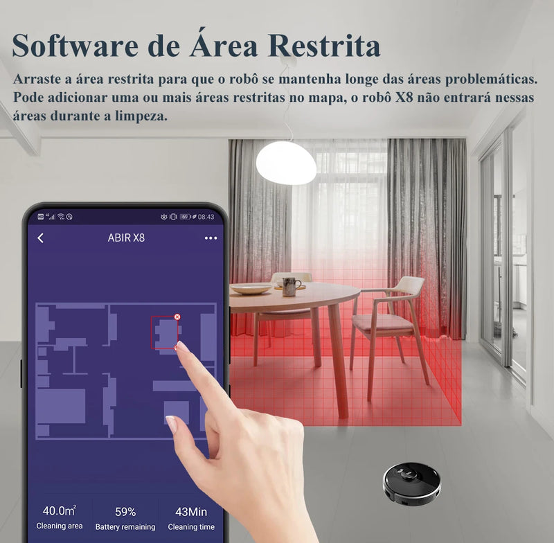 Aspirador de pó robô ABIR X8, Laser Lidar, Sucção 6500pa, Mapa multi-piso, Lâmpada UV, TOF Wisdom, Área restrita de APP, Mop doméstico inteligente