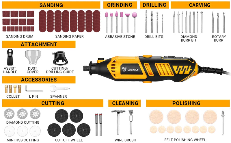 Kit de ferramentas rotativas DEKO 220v, ferramentas rotativas manuais elétricas, mini para madeira/metal, máquina de moer e furadeira elétrica