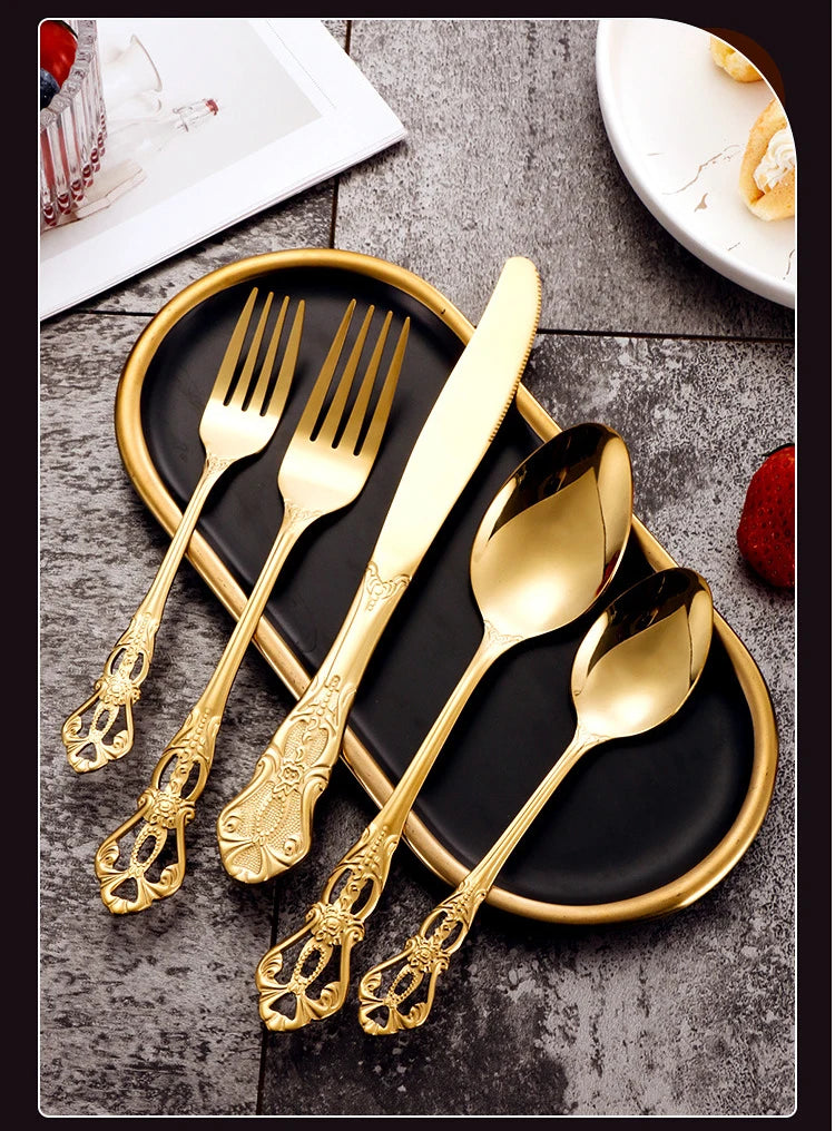 Conjunto de talheres de aço inoxidável dourado Royal European Colher Garfo Talheres completos Design retrô Lavável na máquina de lavar louça Talheres elegantes