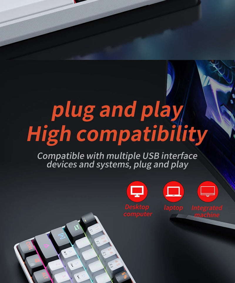 MUCAI MK61 USB Gaming Teclado mecânico vermelho Switch RGB retroiluminado Hot Swappable 61 teclas com fio cabo destacável