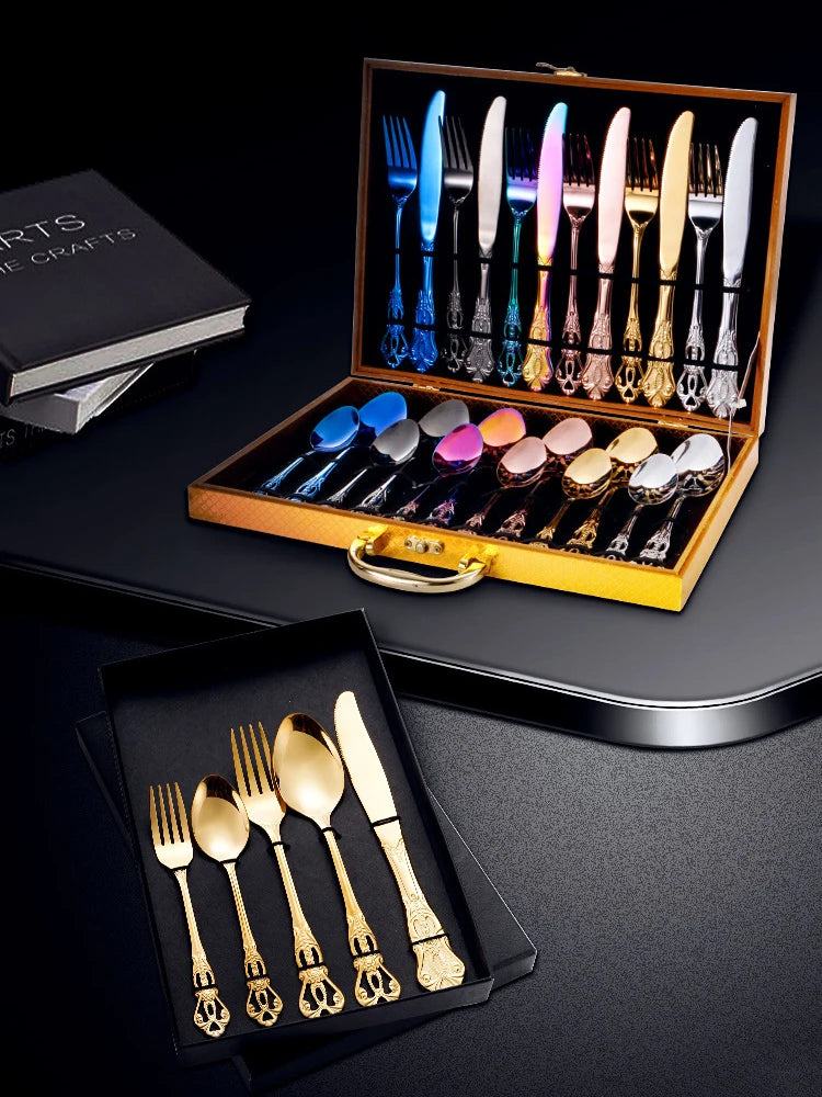 Conjunto de talheres de aço inoxidável dourado Royal European Colher Garfo Talheres completos Design retrô Lavável na máquina de lavar louça Talheres elegantes
