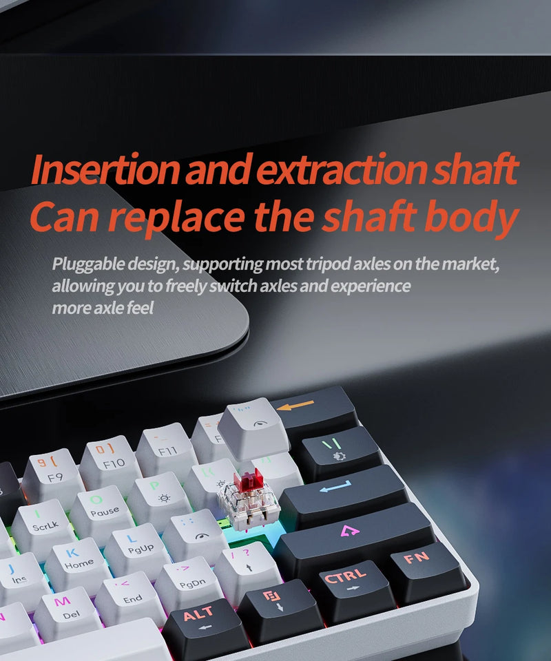 MUCAI MK61 USB Gaming Teclado mecânico vermelho Switch RGB retroiluminado Hot Swappable 61 teclas com fio cabo destacável