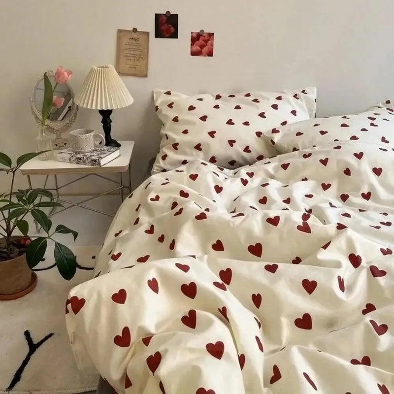 Conjunto de cama estilo coreano infantil adulto solteiro queen size cama plana lençol amor coração capa de edredom fronha roupa de cama sem enchimento