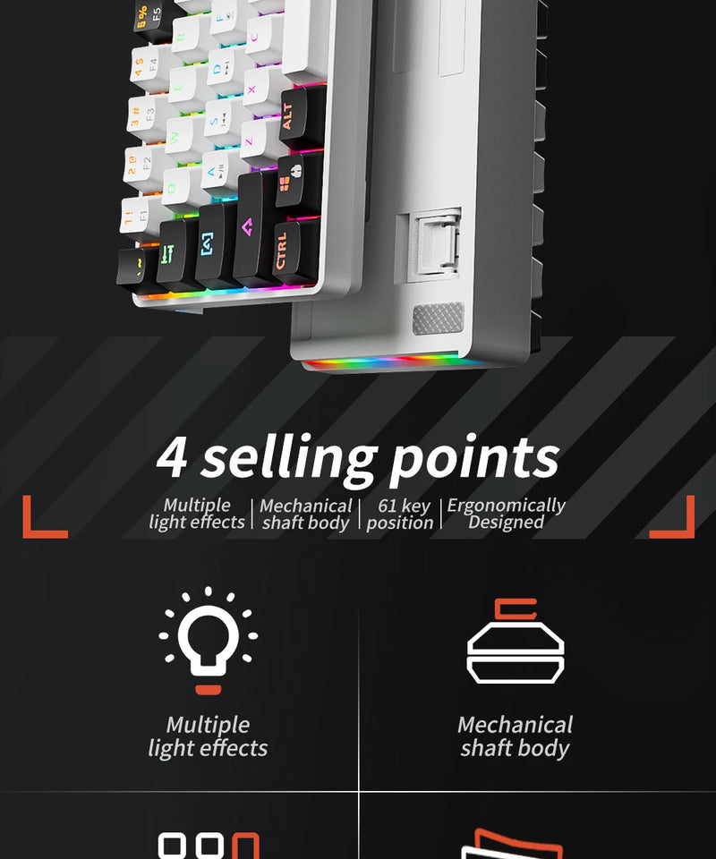 MUCAI MK61 USB Gaming Teclado mecânico vermelho Switch RGB retroiluminado Hot Swappable 61 teclas com fio cabo destacável