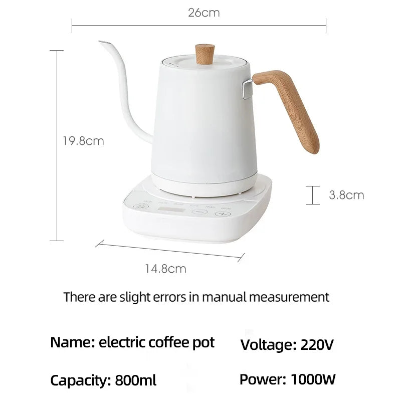 Chaleira elétrica Gooseneck 800ml Cafeteira de infusão manual Bule inteligente Controle de temperatura Chaleira de aquecimento rápido 1000W 110v/220v