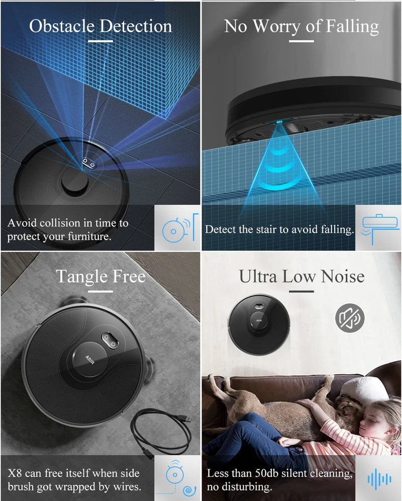 Aspirador de pó robô ABIR X8, Laser Lidar, Sucção 6500pa, Mapa multi-piso, Lâmpada UV, TOF Wisdom, Área restrita de APP, Mop doméstico inteligente