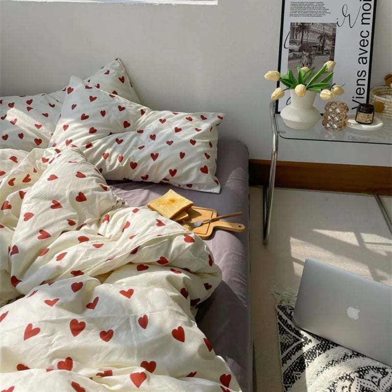 Conjunto de cama estilo coreano infantil adulto solteiro queen size cama plana lençol amor coração capa de edredom fronha roupa de cama sem enchimento