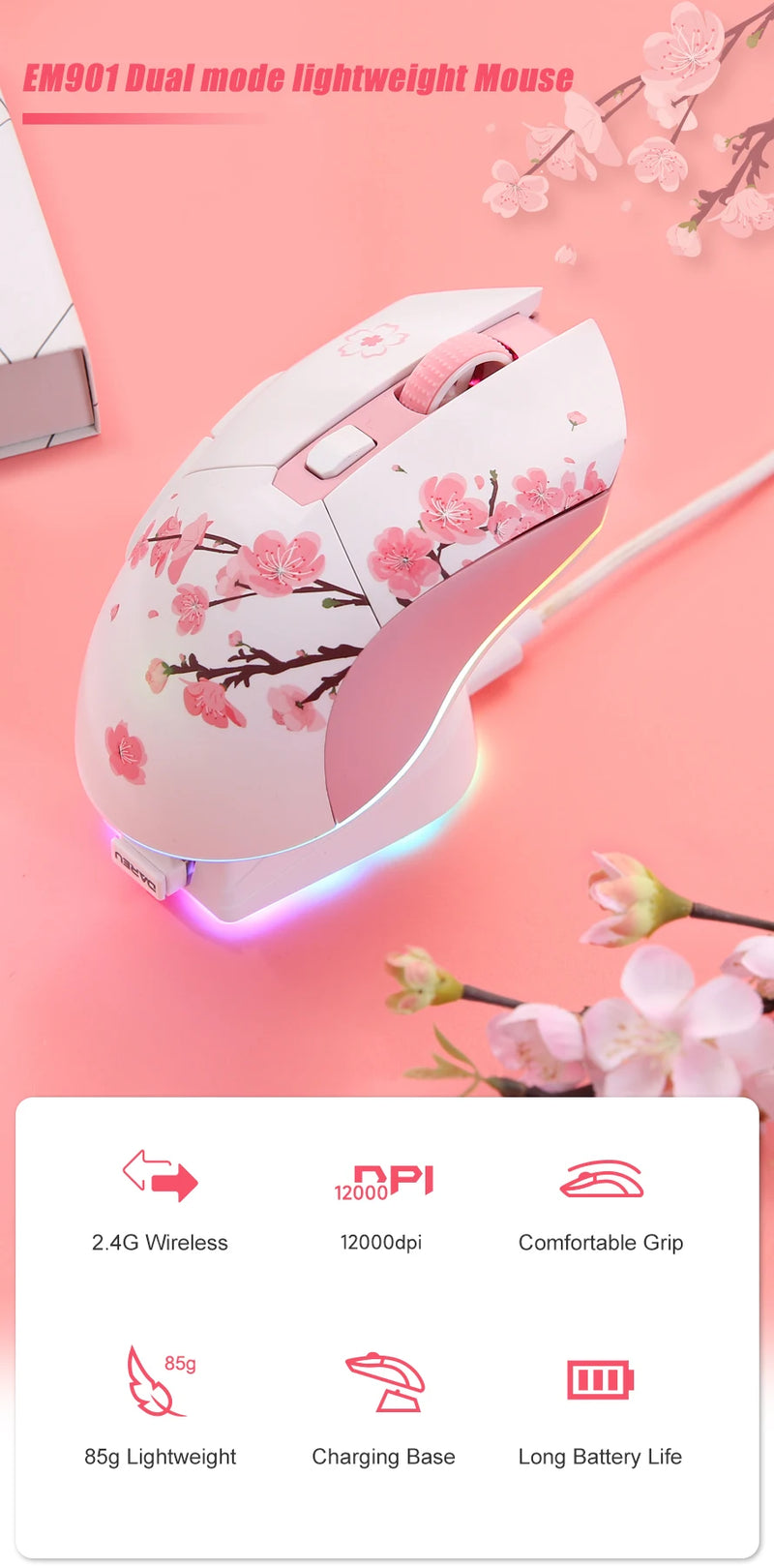 DAREU Dual Modes Gamer Mouse RGB 2.4G Wireless Wired Gaming Mice Built-in 930mAh Recarregável Bateria com Macro Set para PC Laptop
