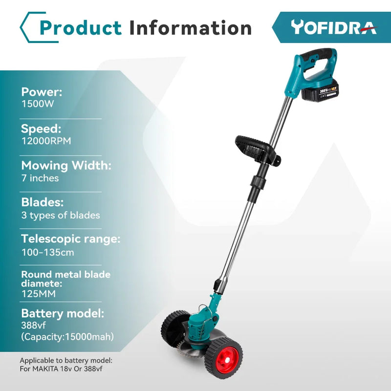 Cortador de grama elétrico 1500W Comprimento ajustável Dobrável Sem fio Portátil Recarregável Podador de arbustos de jardim