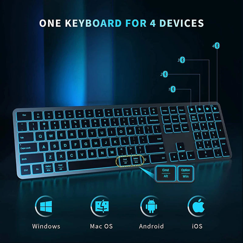 Teclado recarregável multidispositivo Bluetooth retroiluminado teclado sem fio compatível com laptop tablet iPad