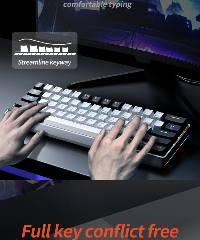 MUCAI MK61 USB Gaming Teclado mecânico vermelho Switch RGB retroiluminado Hot Swappable 61 teclas com fio cabo destacável
