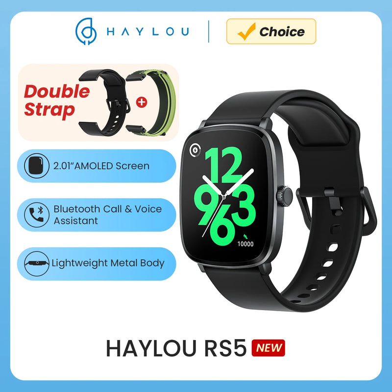HAYLOU Watch RS5 Smartwatch 2.01'' AMOLED HD Display Bluetooth Call Sport Voice Assistant Blood Sugar Smartwatch e alças duplas