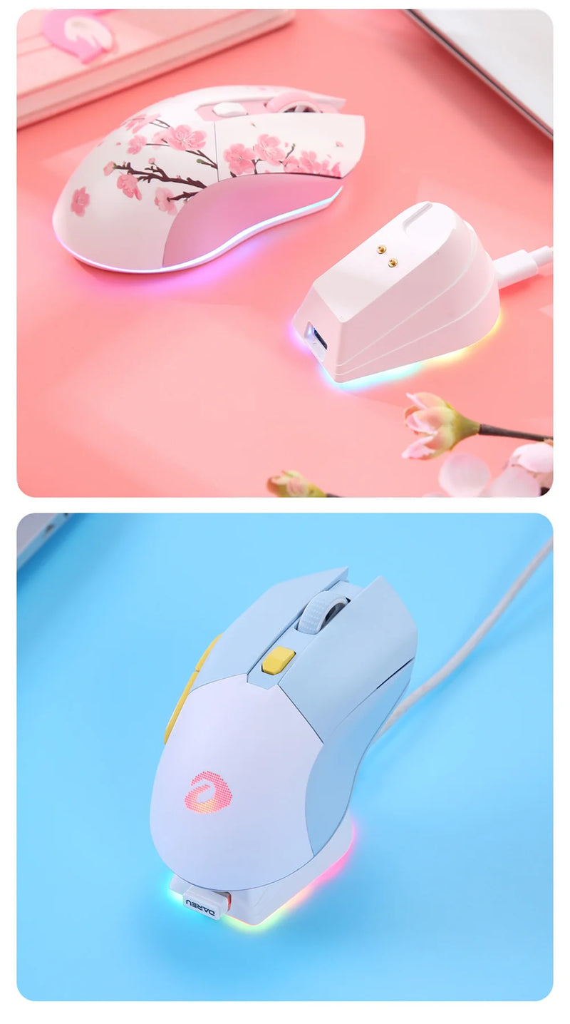 DAREU Dual Modes Gamer Mouse RGB 2.4G Wireless Wired Gaming Mice Built-in 930mAh Recarregável Bateria com Macro Set para PC Laptop