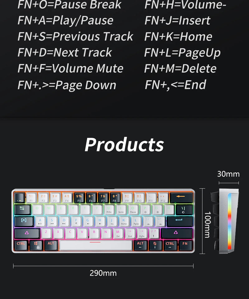 MUCAI MK61 USB Gaming Teclado mecânico vermelho Switch RGB retroiluminado Hot Swappable 61 teclas com fio cabo destacável