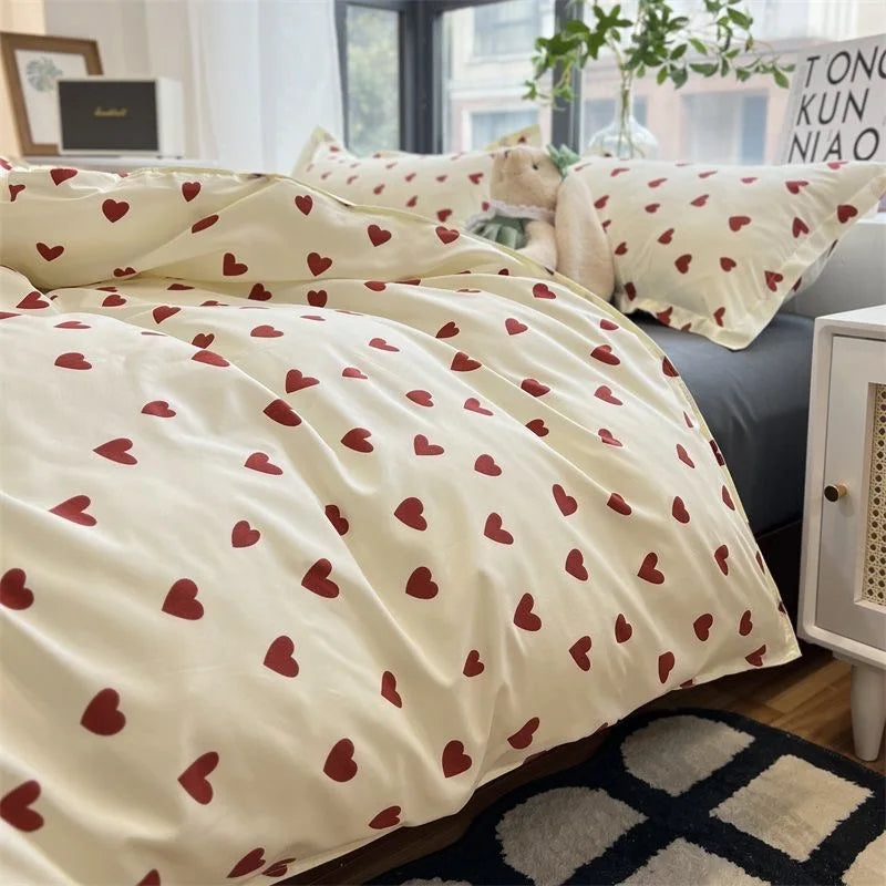 Conjunto de cama estilo coreano infantil adulto solteiro queen size cama plana lençol amor coração capa de edredom fronha roupa de cama sem enchimento