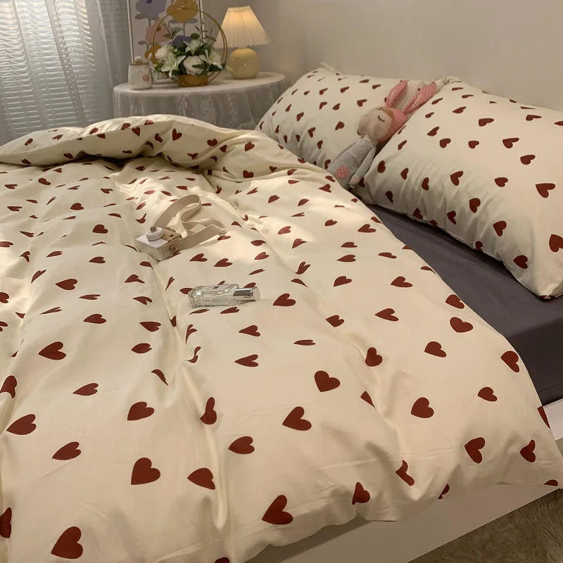 Conjunto de cama estilo coreano infantil adulto solteiro queen size cama plana lençol amor coração capa de edredom fronha roupa de cama sem enchimento