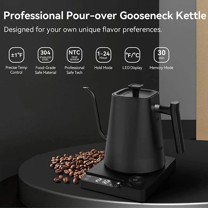 Chaleira elétrica 110V/220V, 1,0L, pescoço de ganso, cafeteira manual, 1200W, aquecimento rápido, controle de temperatura, revestimento de aço inoxidável