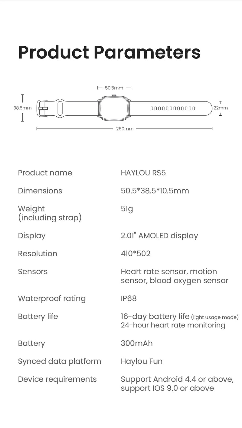 HAYLOU Watch RS5 Smartwatch 2.01'' AMOLED HD Display Bluetooth Call Sport Voice Assistant Blood Sugar Smartwatch e alças duplas