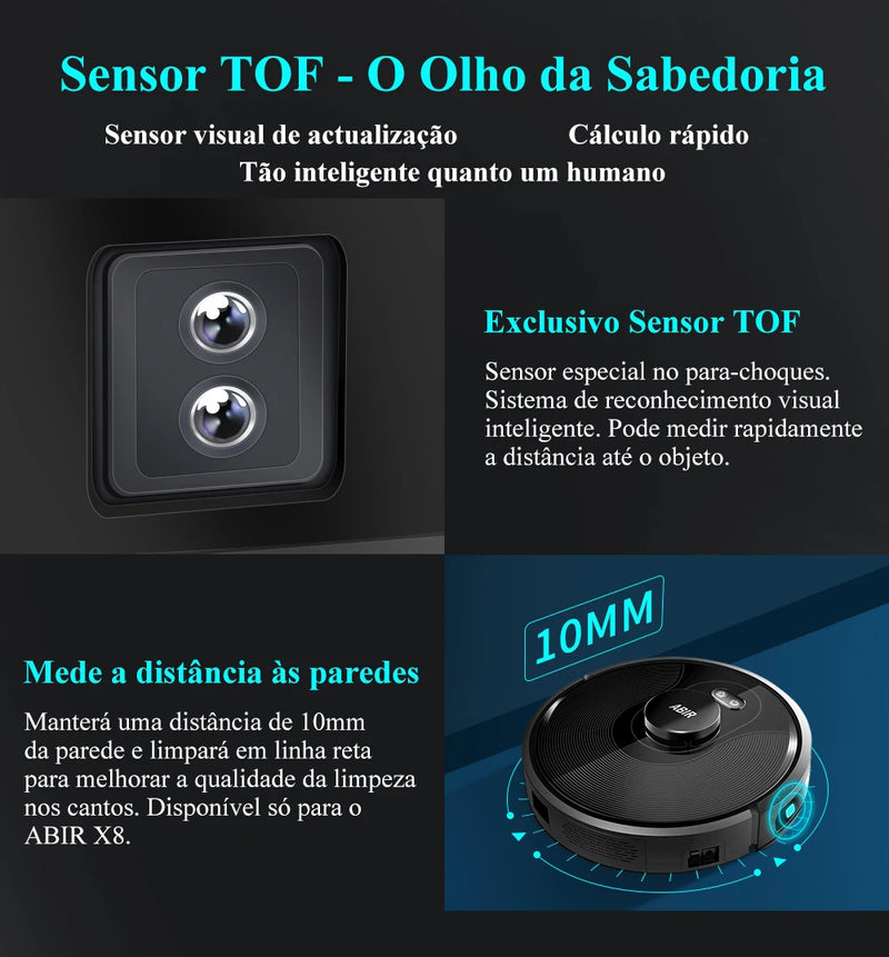 Aspirador de pó robô ABIR X8, Laser Lidar, Sucção 6500pa, Mapa multi-piso, Lâmpada UV, TOF Wisdom, Área restrita de APP, Mop doméstico inteligente