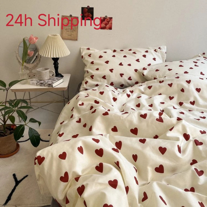 Conjunto de cama estilo coreano infantil adulto solteiro queen size cama plana lençol amor coração capa de edredom fronha roupa de cama sem enchimento