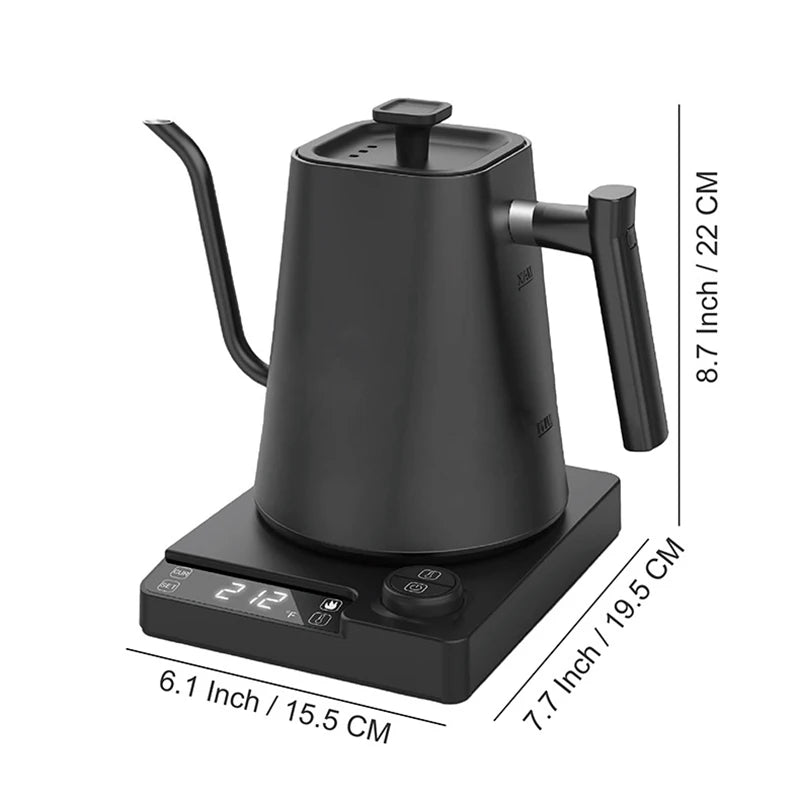 Chaleira elétrica 110V/220V, 1,0L, pescoço de ganso, cafeteira manual, 1200W, aquecimento rápido, controle de temperatura, revestimento de aço inoxidável